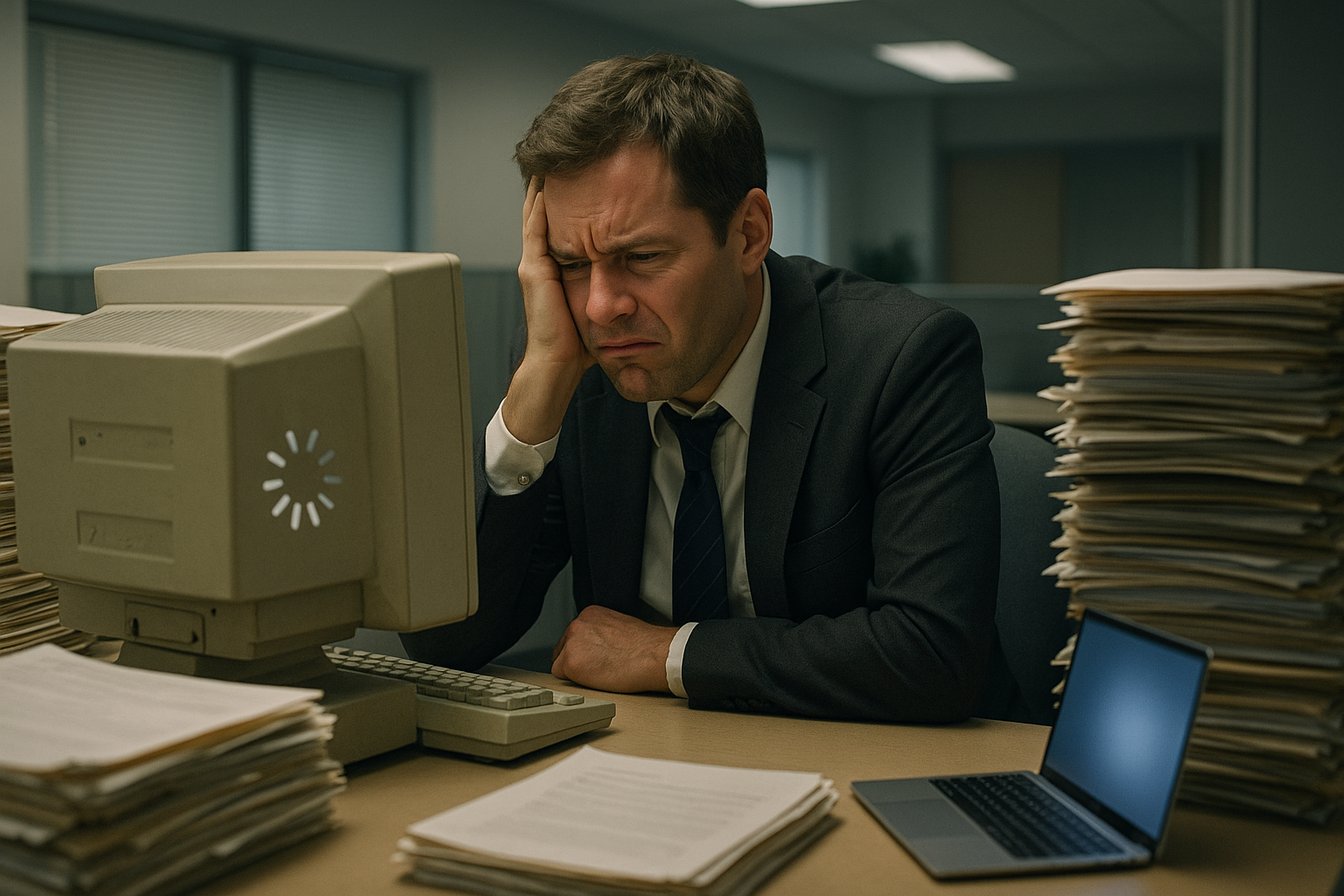 Business professional looking frustrated with outdated computer equipment